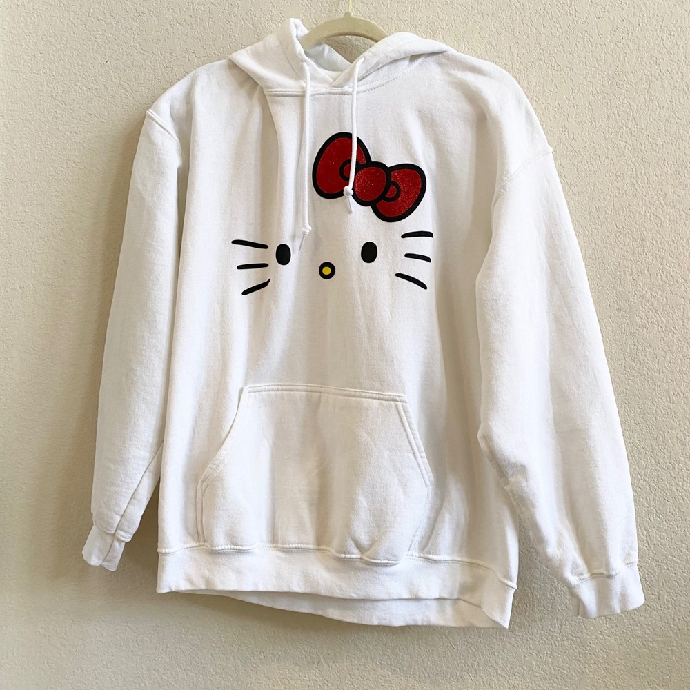 White Hello Kitty Graphic Hoodie with Red Bow - Women's Sweatshirt